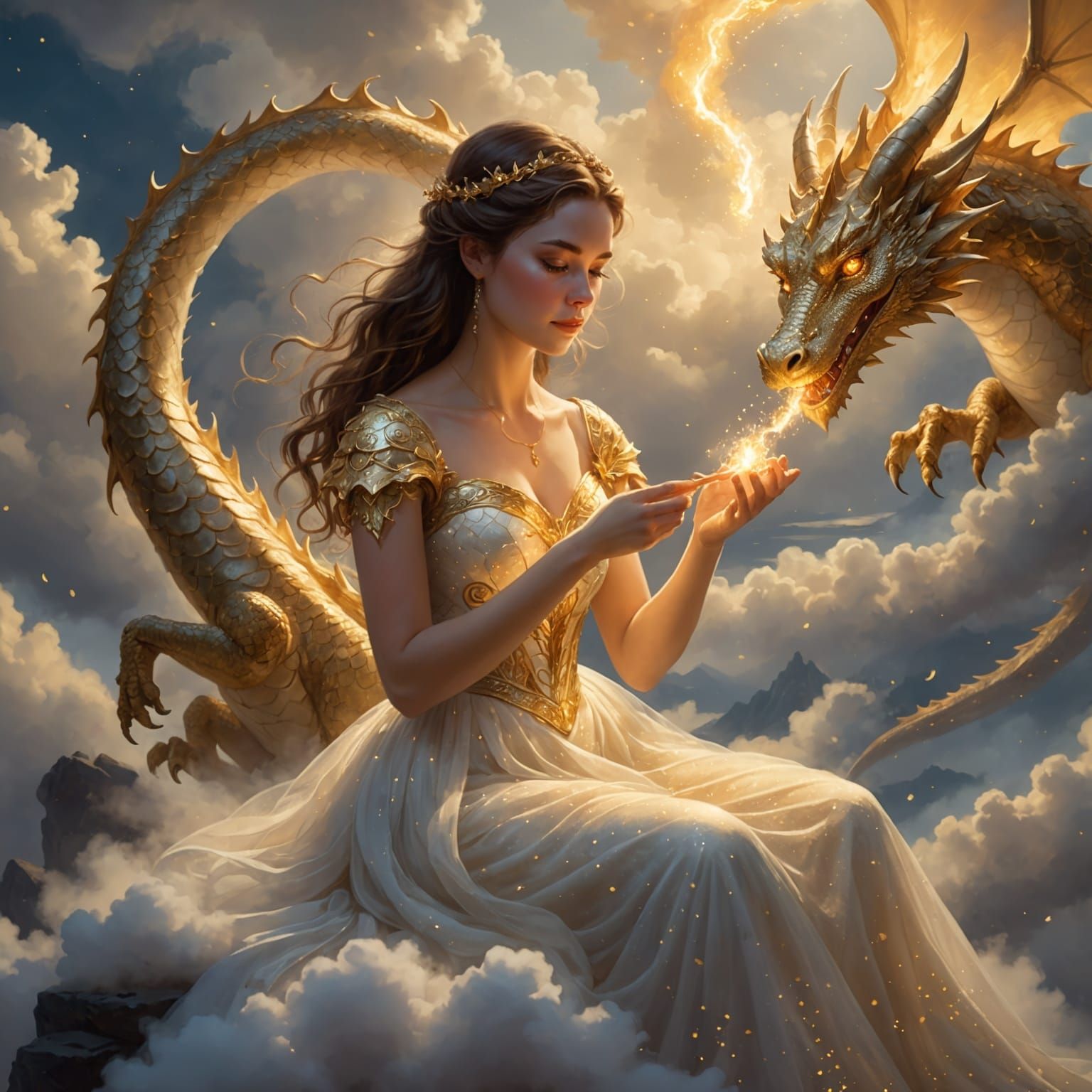 Goddess with Golden Dragon in Ethereal Fantasy Scene