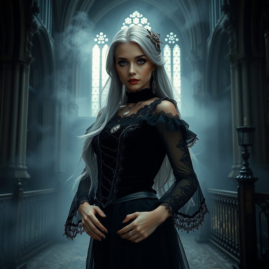 Gothic Woman in Cathedral: Ethereal Beauty