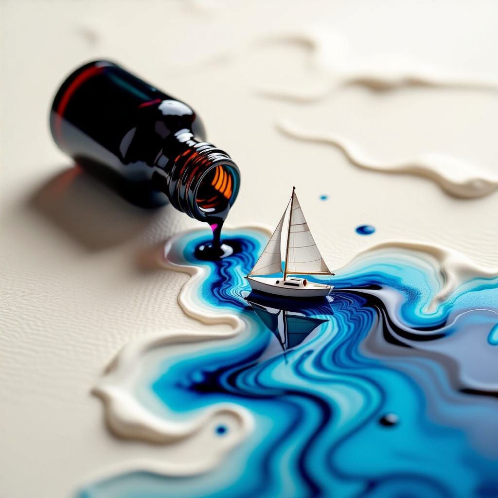 Abstract Seascape with Ink Cascade and Sailboat