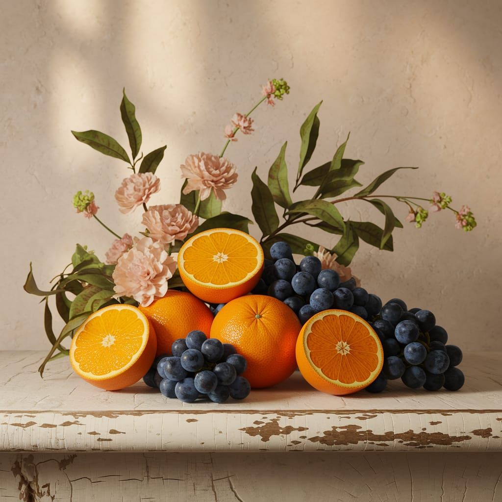 Vibrant Still Life with Oranges, Grapes, and Flowers in a Ru...