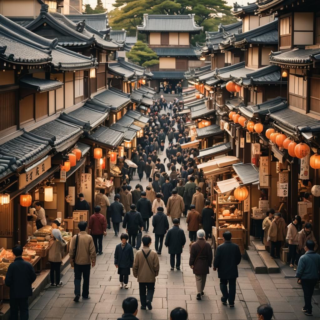 Bustling Japanese Market Street Photography