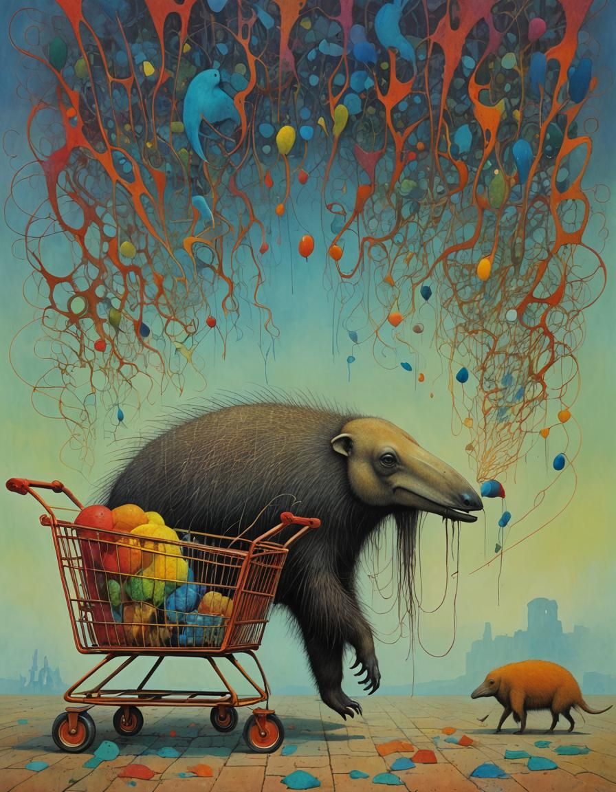 Surrealistic Anteater in a Colorful Cart