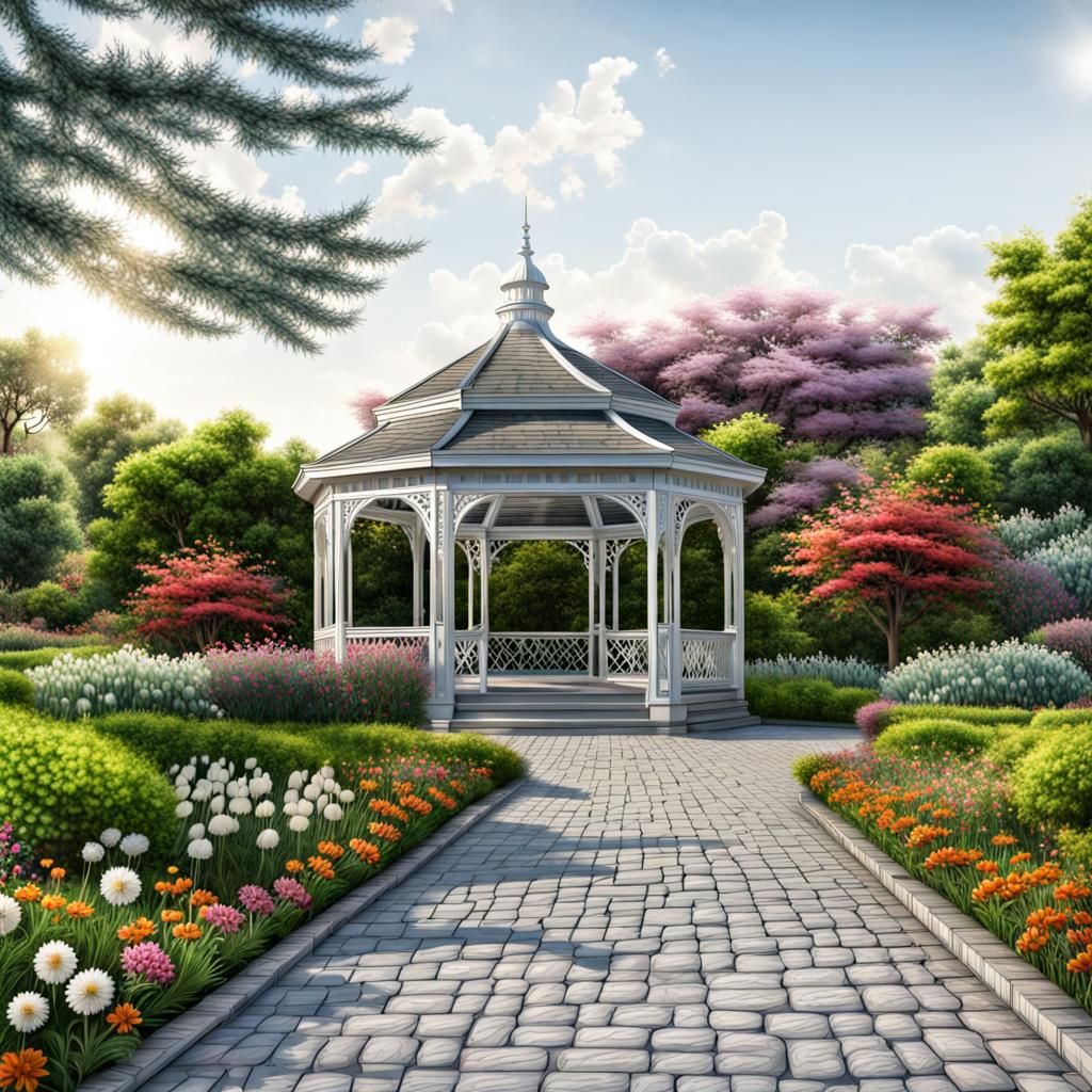 Hyperrealistic Gazebo in a Colorful Garden Park