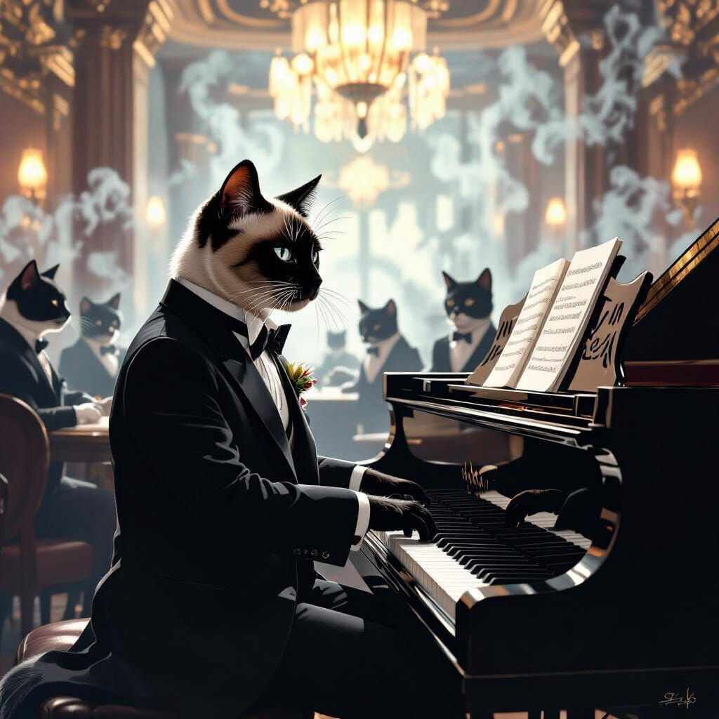 Siamese Cat Pianist in 1920s Art Deco Bar