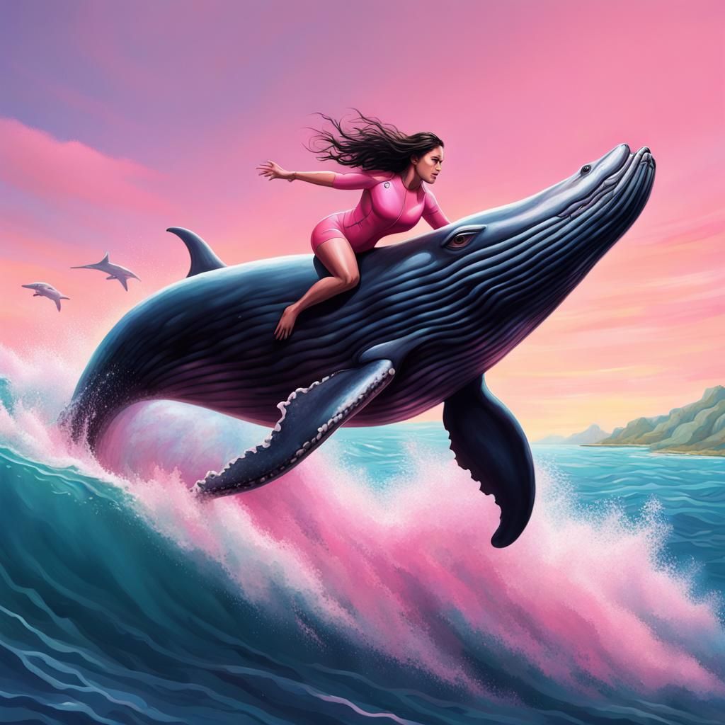 Woman Rides Whale: Hyperrealistic Splash Art