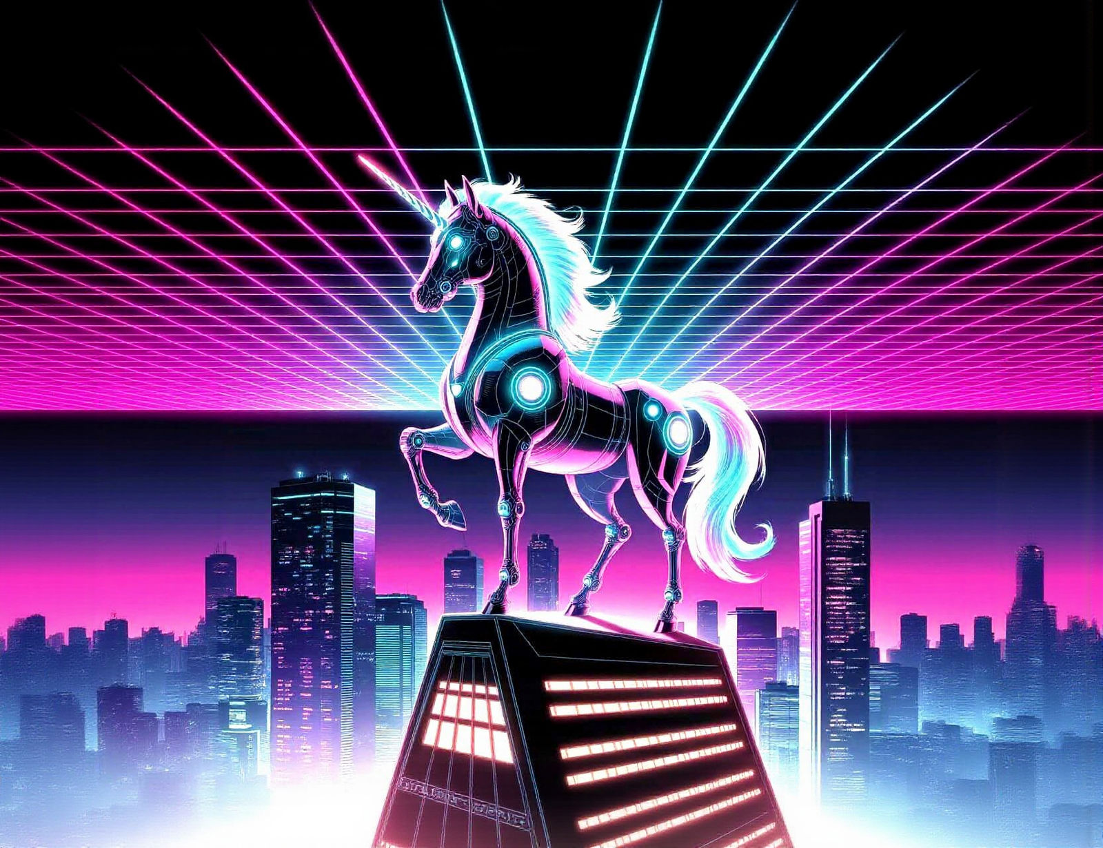 Cyberpunk Unicorn Perched Atop Futuristic Skyscraper