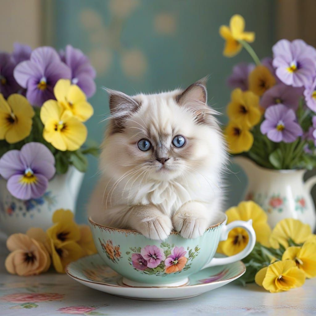 Cute Ragdoll Kitten in Teacup with Pastel Pansies