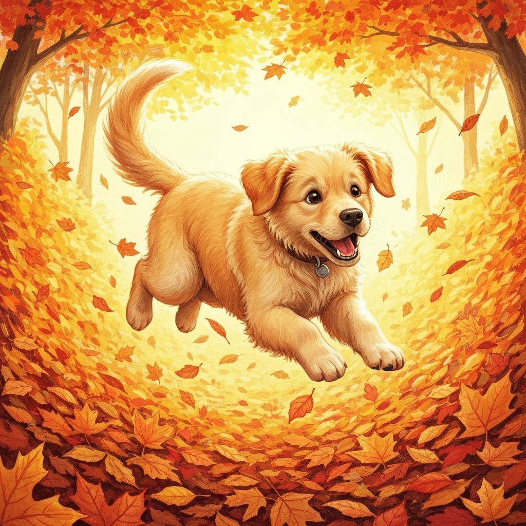 Golden Retriever Puppy Leaping into Autumn Leaves