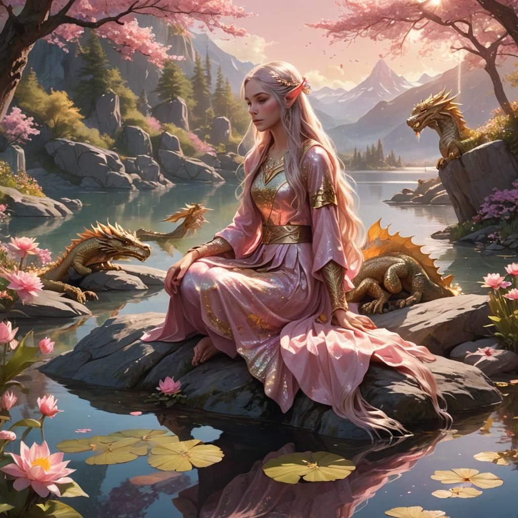 Elf and Dragon in a Dreamy Landscape