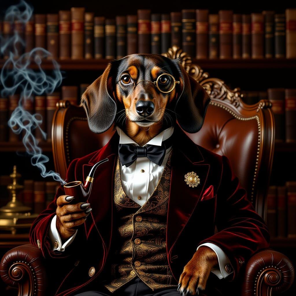 Dachshund Gentleman in Library, Rembrandt Style