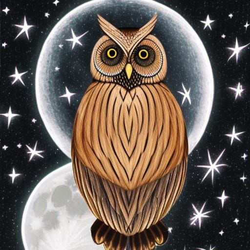 Tawny Owl in Moonlit Night Sky