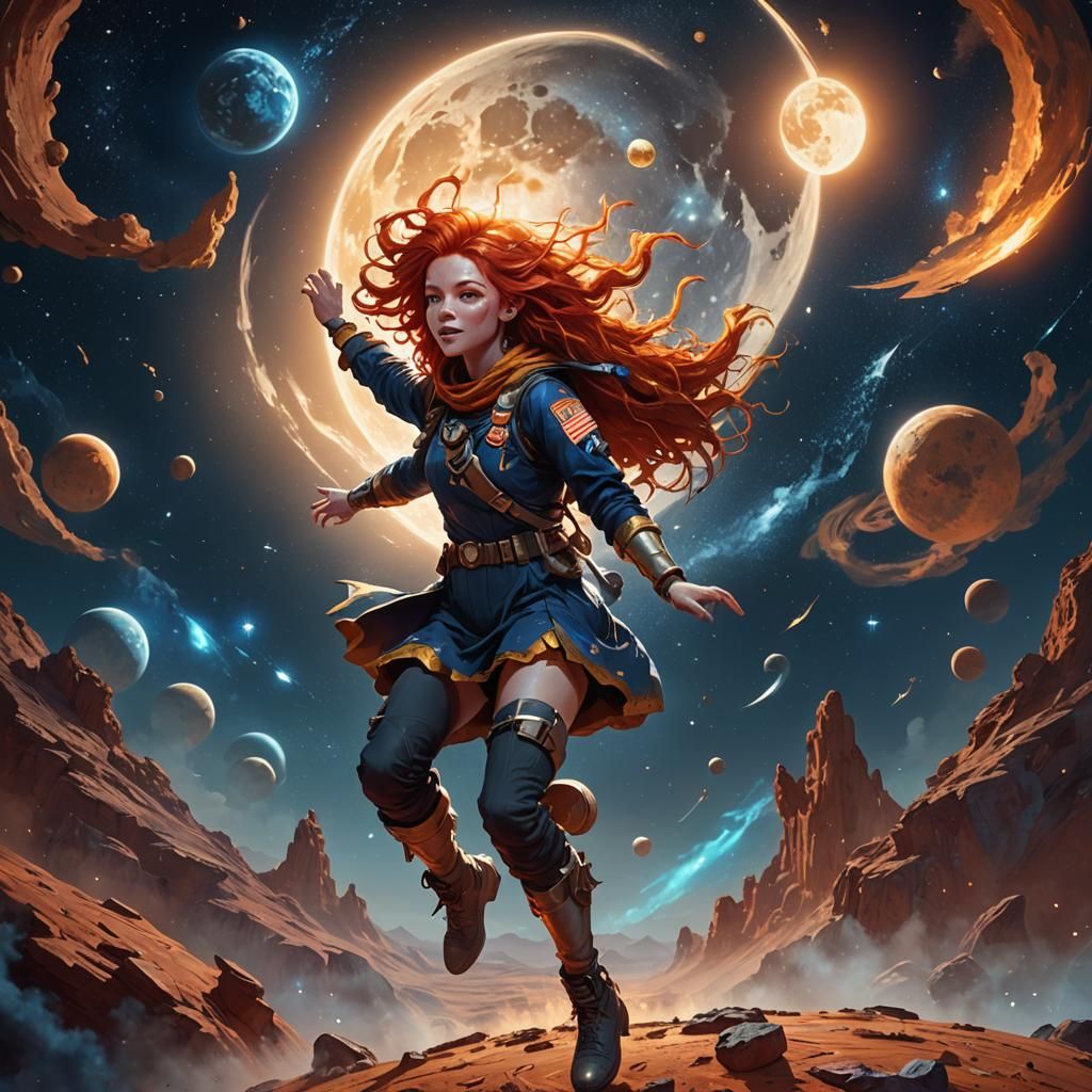 Red-Haired Girl Jumps on the Moon: Fantasy Art
