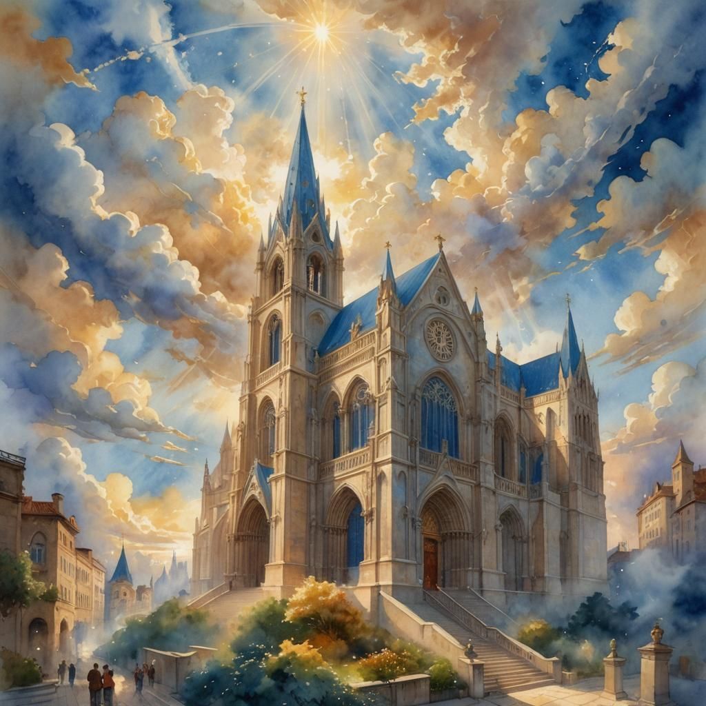 Ethereal Cathedral with Jacob's Ladder in Watercolor Style