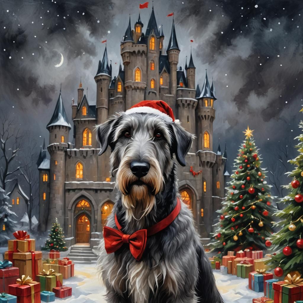 Festive Irish Wolfhound at Christmas Castle in Oil Painting