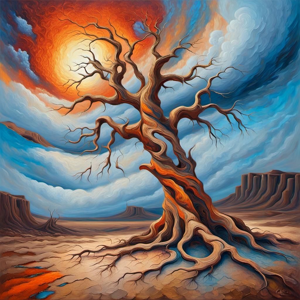 Barren Landscape with Twisted Tree as Impasto Painting