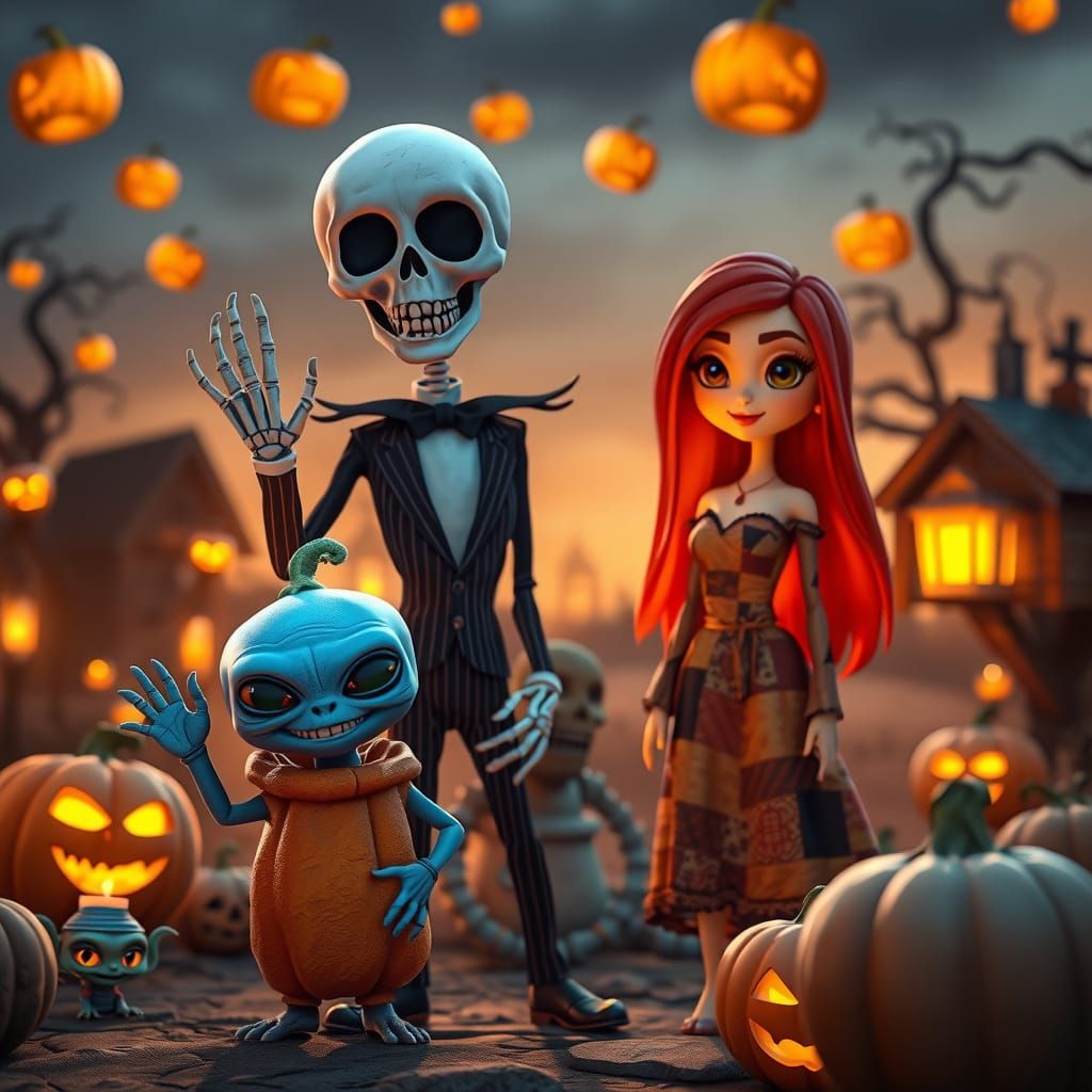 Whimsical Halloween Scene with Blue Alien and Skeleton
