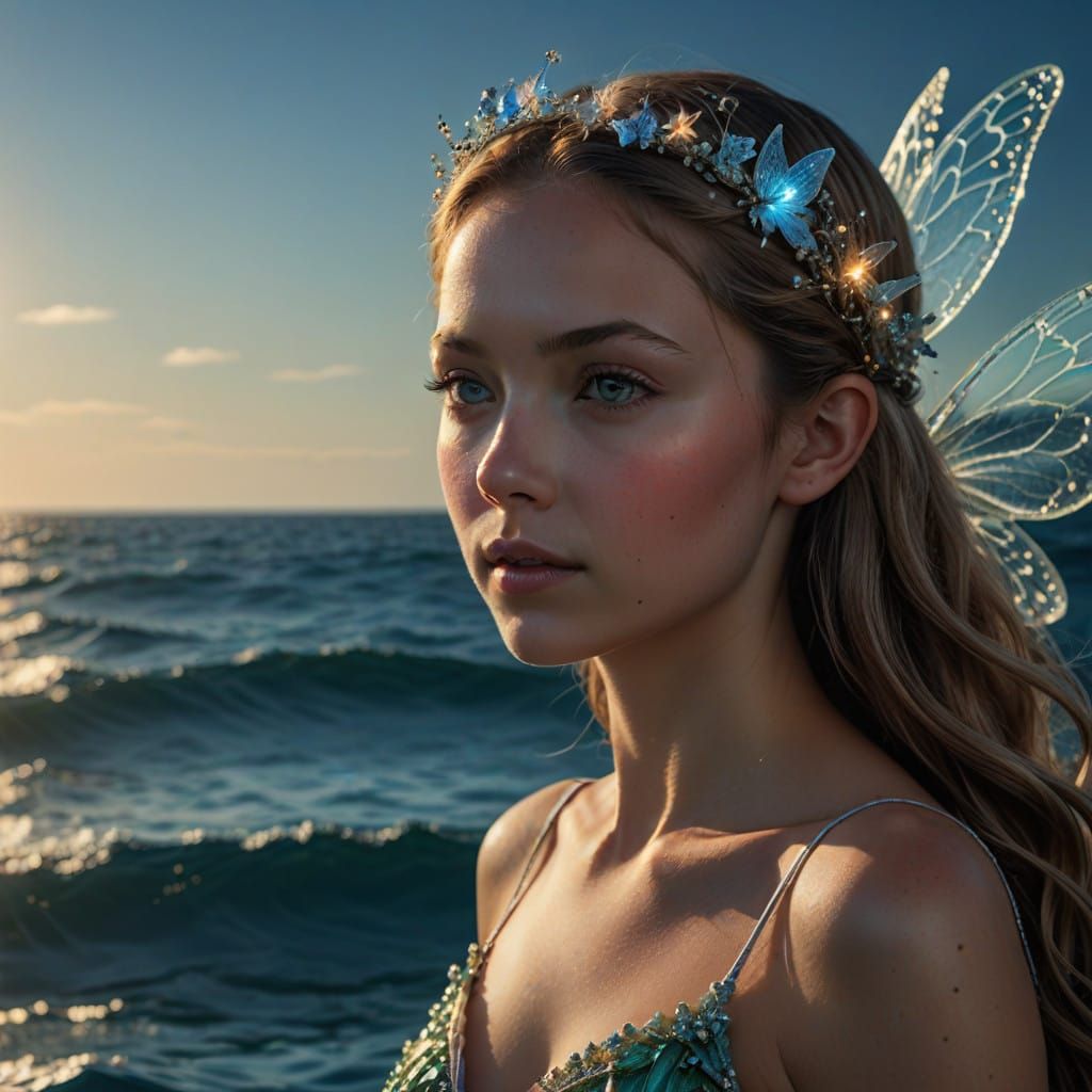 close up potrait of a fairy and a jetster discuse on ocean surface,  composite photograph of diffuse light . HDR quality...
