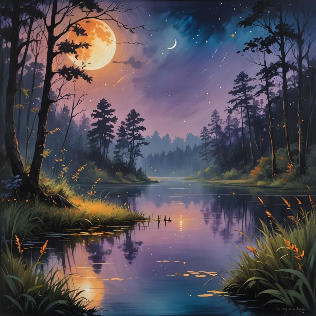 Fireflies Dance Above Moonlit Lake: Expressive Oil Painting