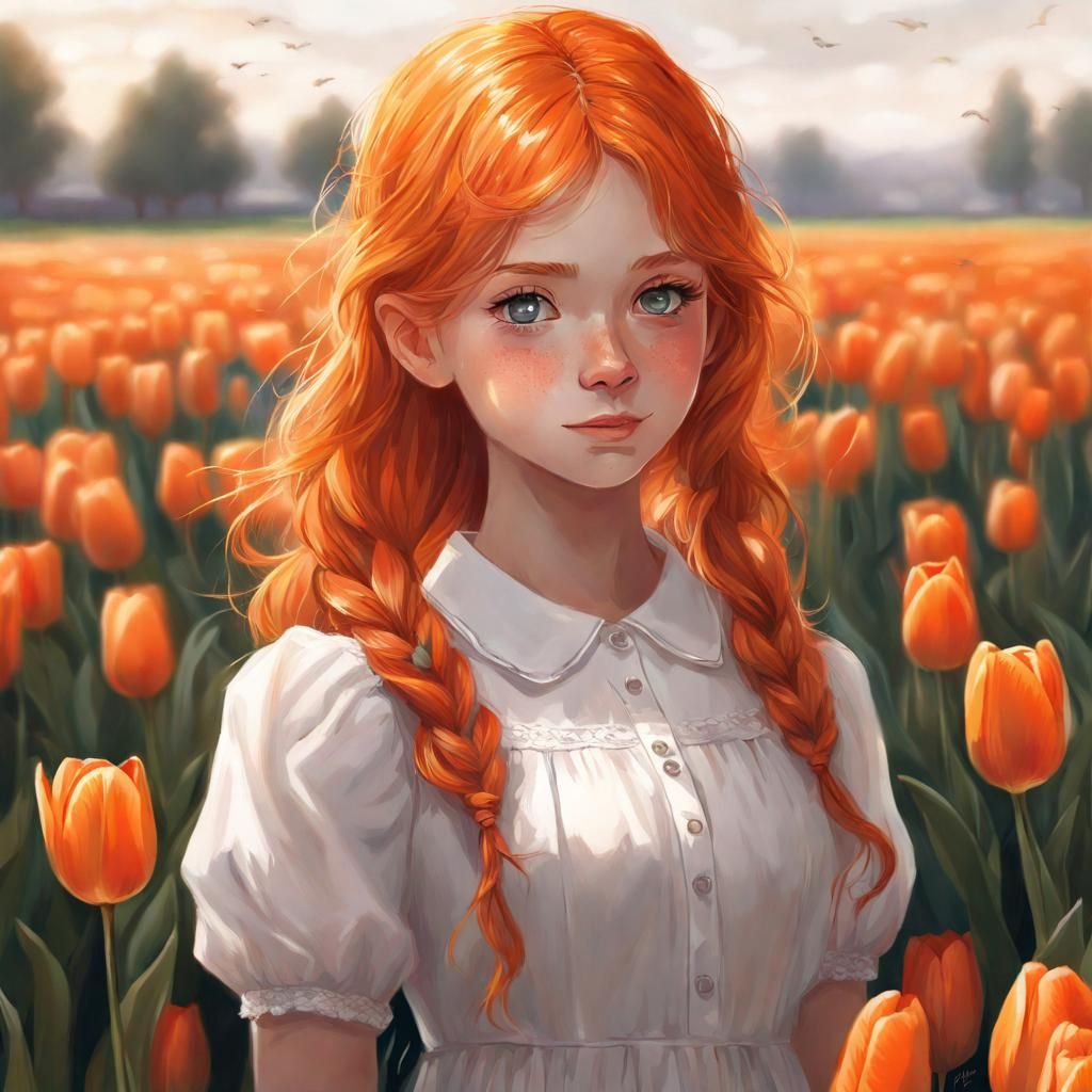 Anime Girl in Tulip Field Illustration