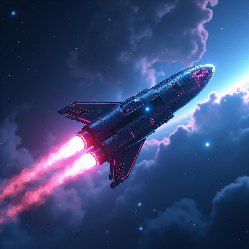 Sci-Fi Rocket Soaring Through Electric Nebula