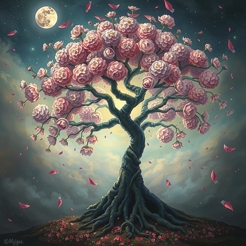 Surreal Cherry Blossom Tree in Whimsical Watercolor Style
