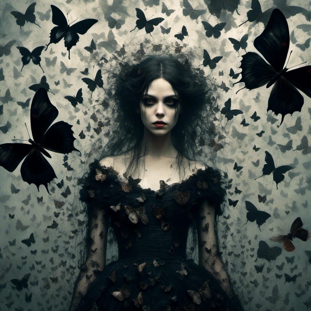 Gothic Girl with Butterfly Swarm, Dark Fantasy Art