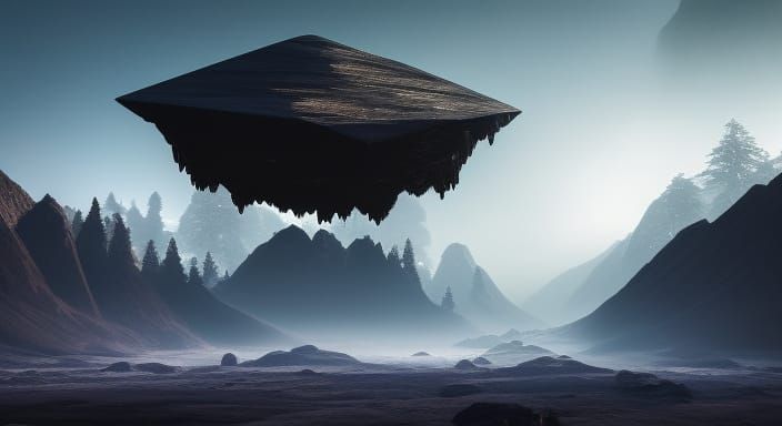 Floating Obsidian Crystal in Ethereal Landscape