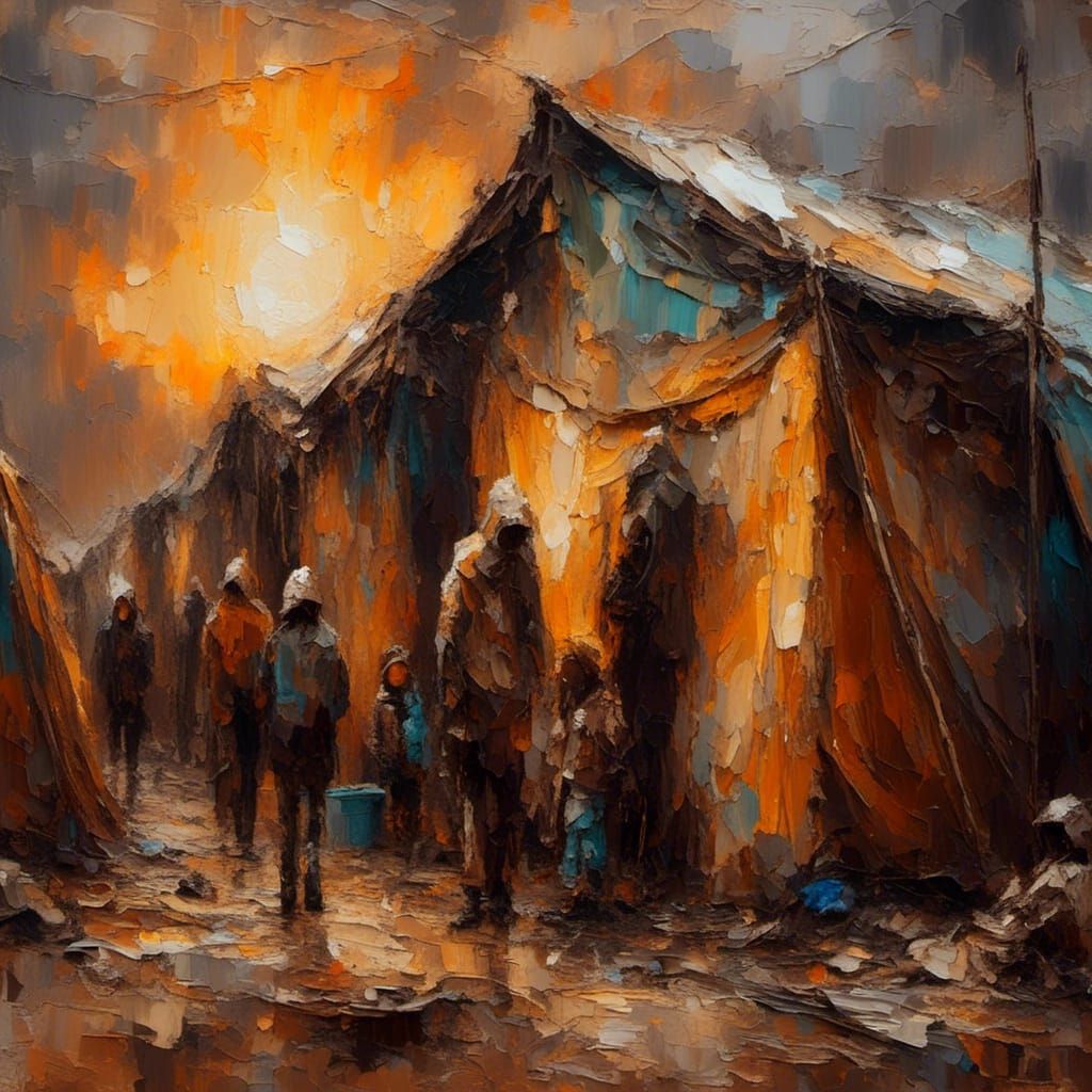 Refugee Camp: Impasto Oil Painting in Earthy Tones