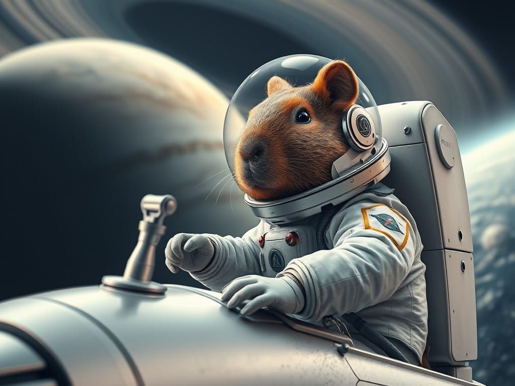 Capybara Astronaut Explores Jupiter's Rings in Futuristic Sp...