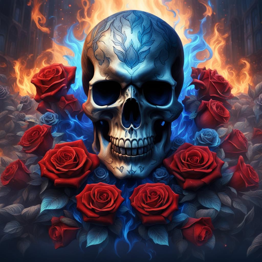 Skull with Blue Flames and Roses Art
