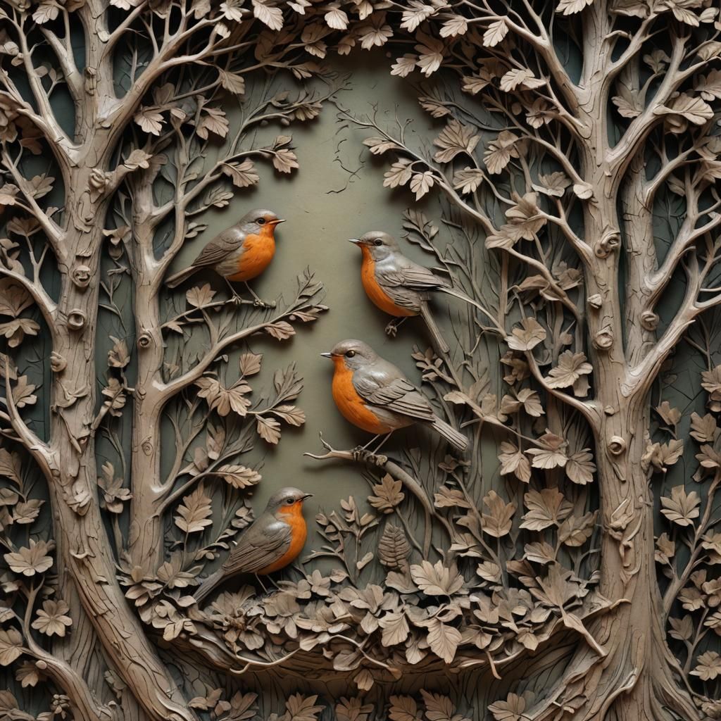 Baroque Robin Forest Scene in Mixed Media