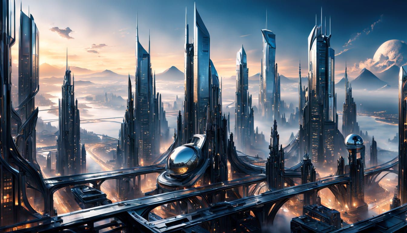 Sleek Chrome Cityscape Rises from the Mist in Cyberpunk Styl...