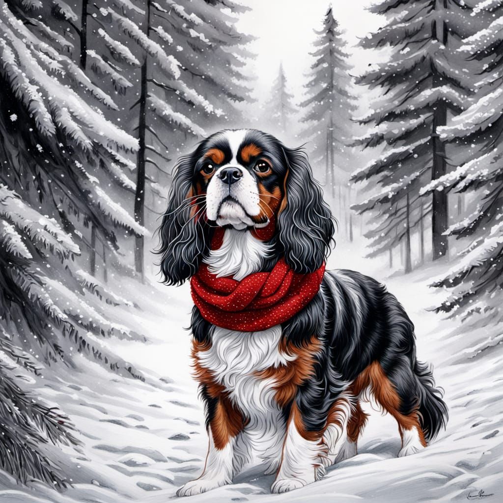 Cavalier King Charles Spaniel in Winter Forest, Charcoal