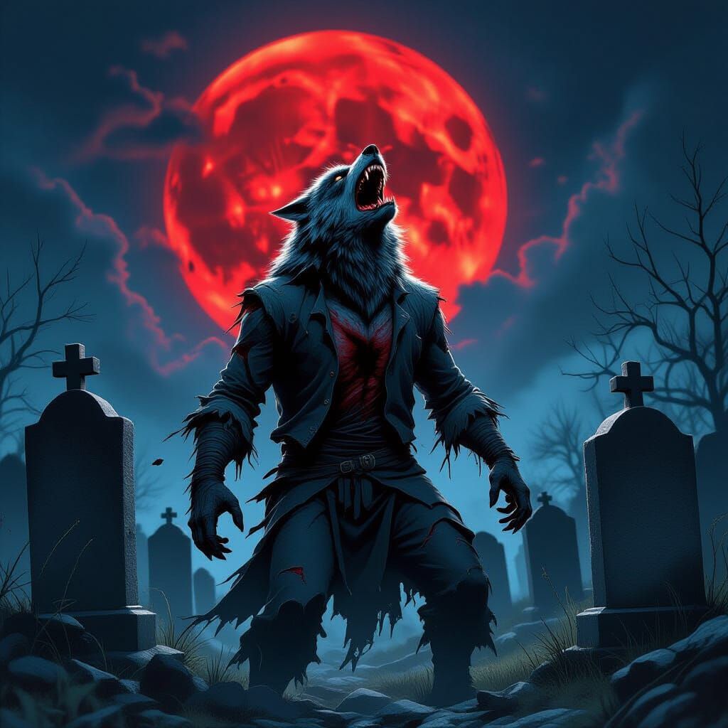 Werewolf Howling at Blood Moon in Cemetery