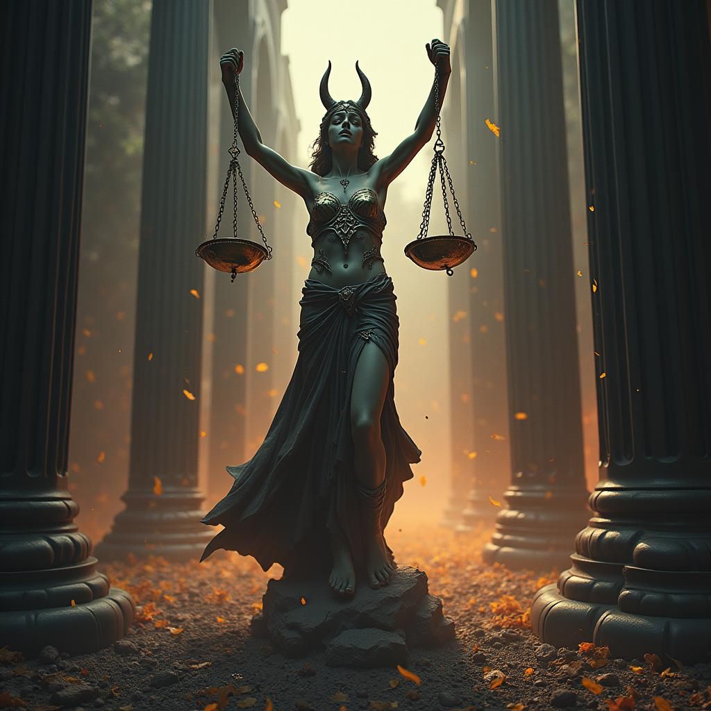 Lady Justice in a Dark Fantasy Landscape