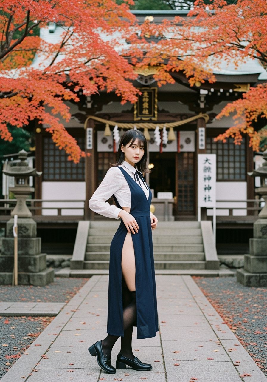 Autumn Shrine Portrait of Kaori in Jumper Dress