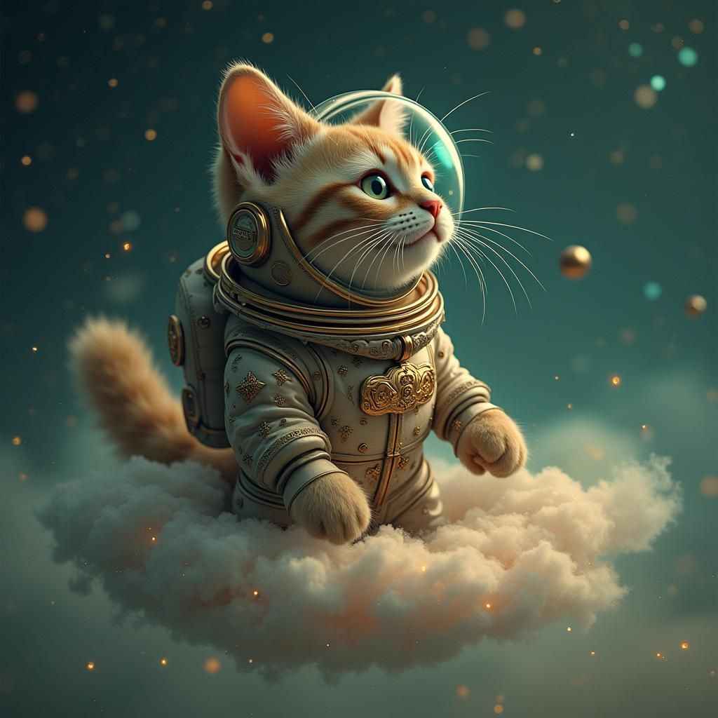 Astronaut Cat Contemplates Distant Galaxies