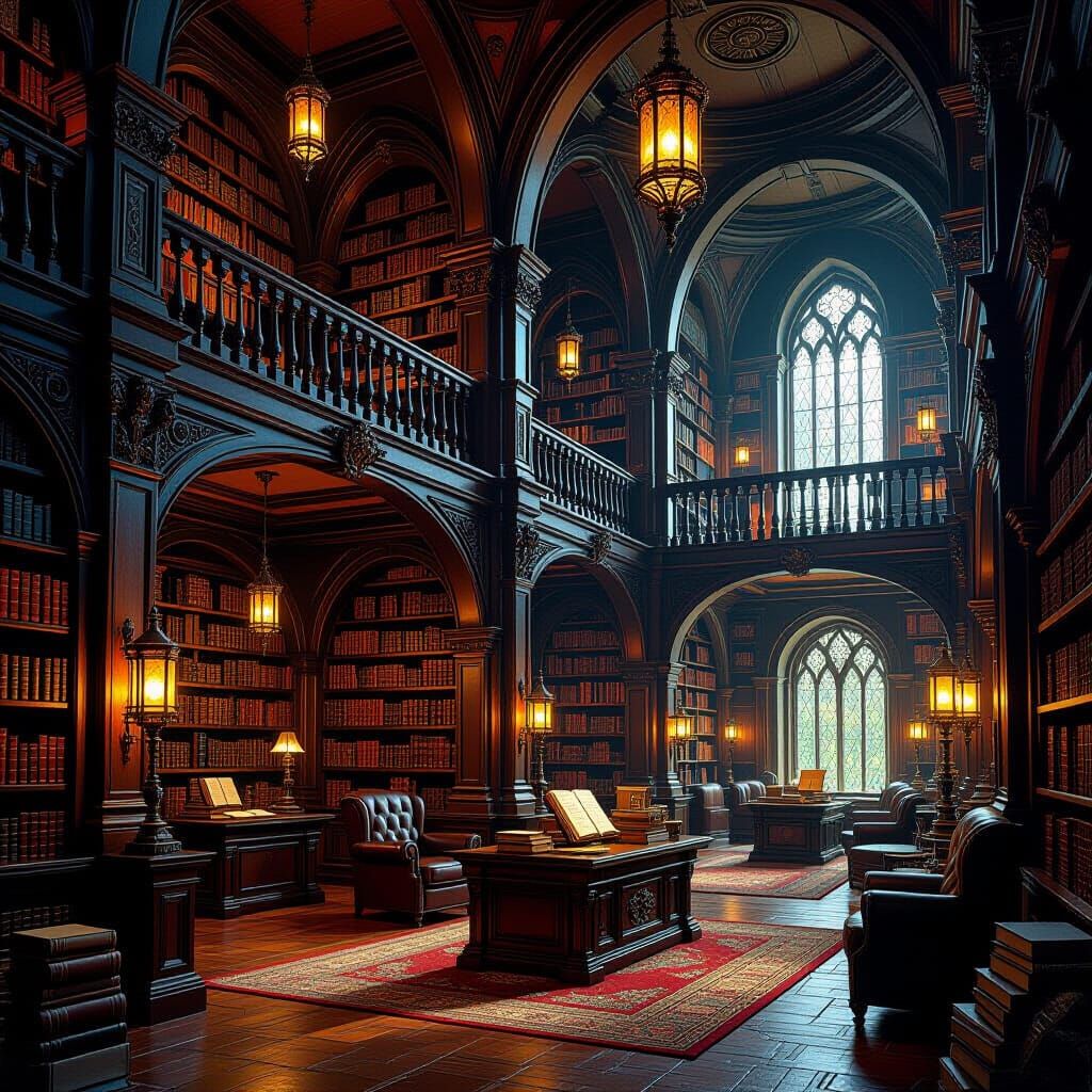 Magnificent Fantasy Library in Oil Painting Style