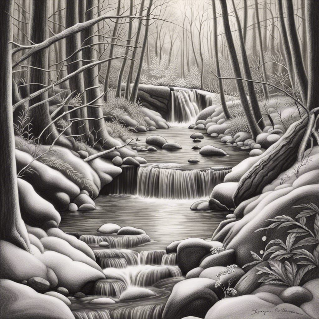 Photorealistic Winter Waterfall in Charcoal Style