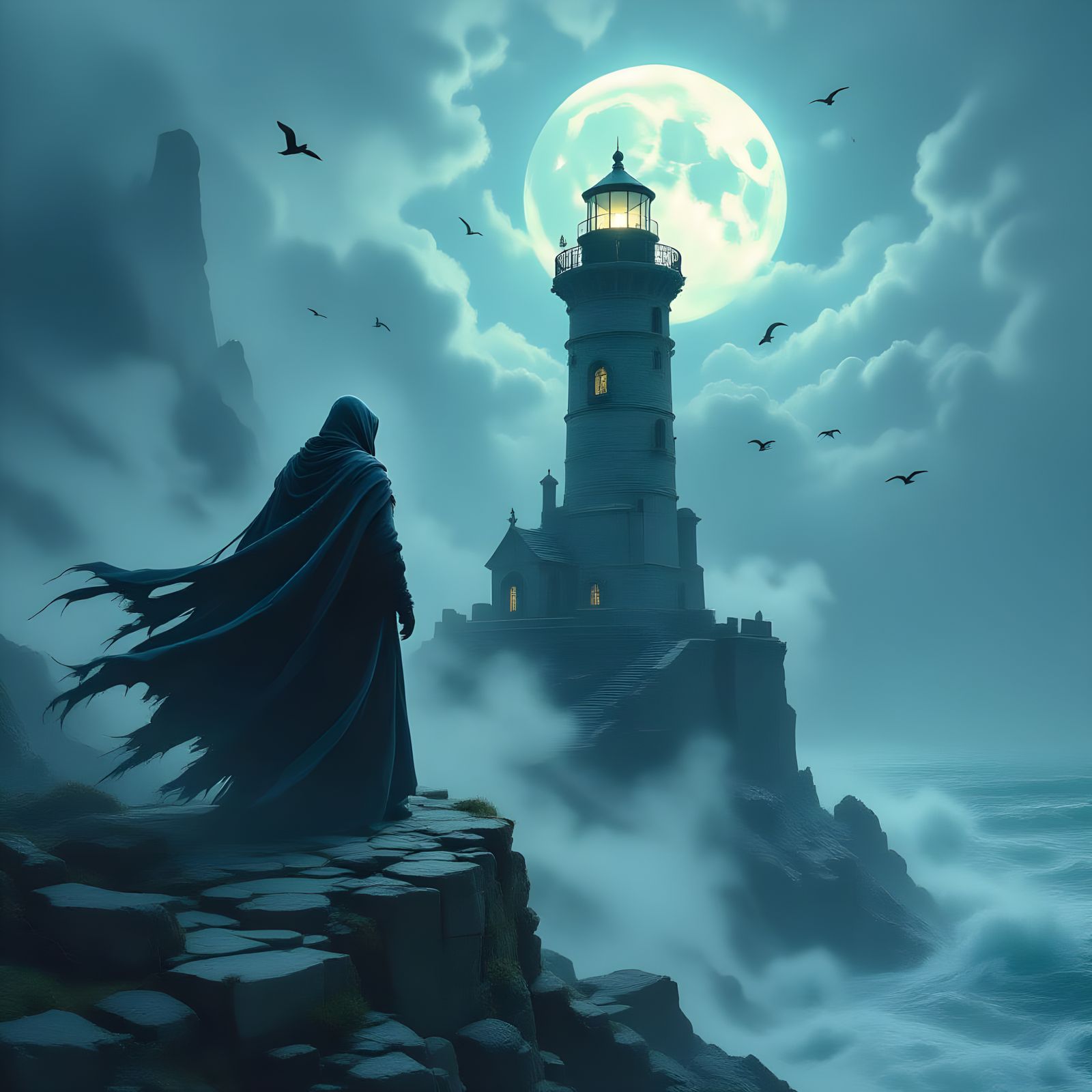 Spectral Lighthouse Keeper on Stormy Coast in Dark Fantasy S...