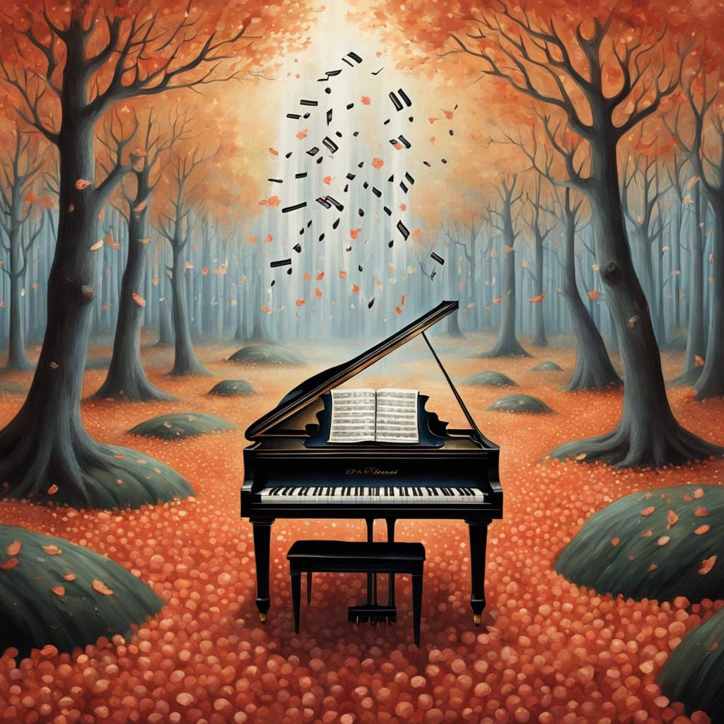 Whimsical Autumn Piano Fairy in Elegant Dress