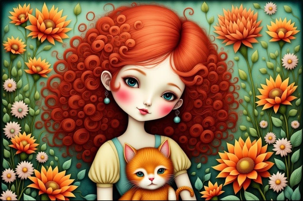 Whimsical Scene of Red Haired Girl and Ginger Cat