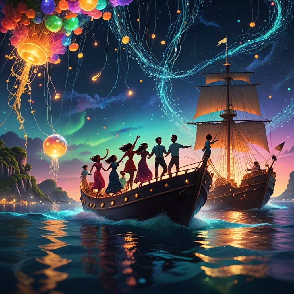 People Dancing on a Ship Under a Starry Night Sky