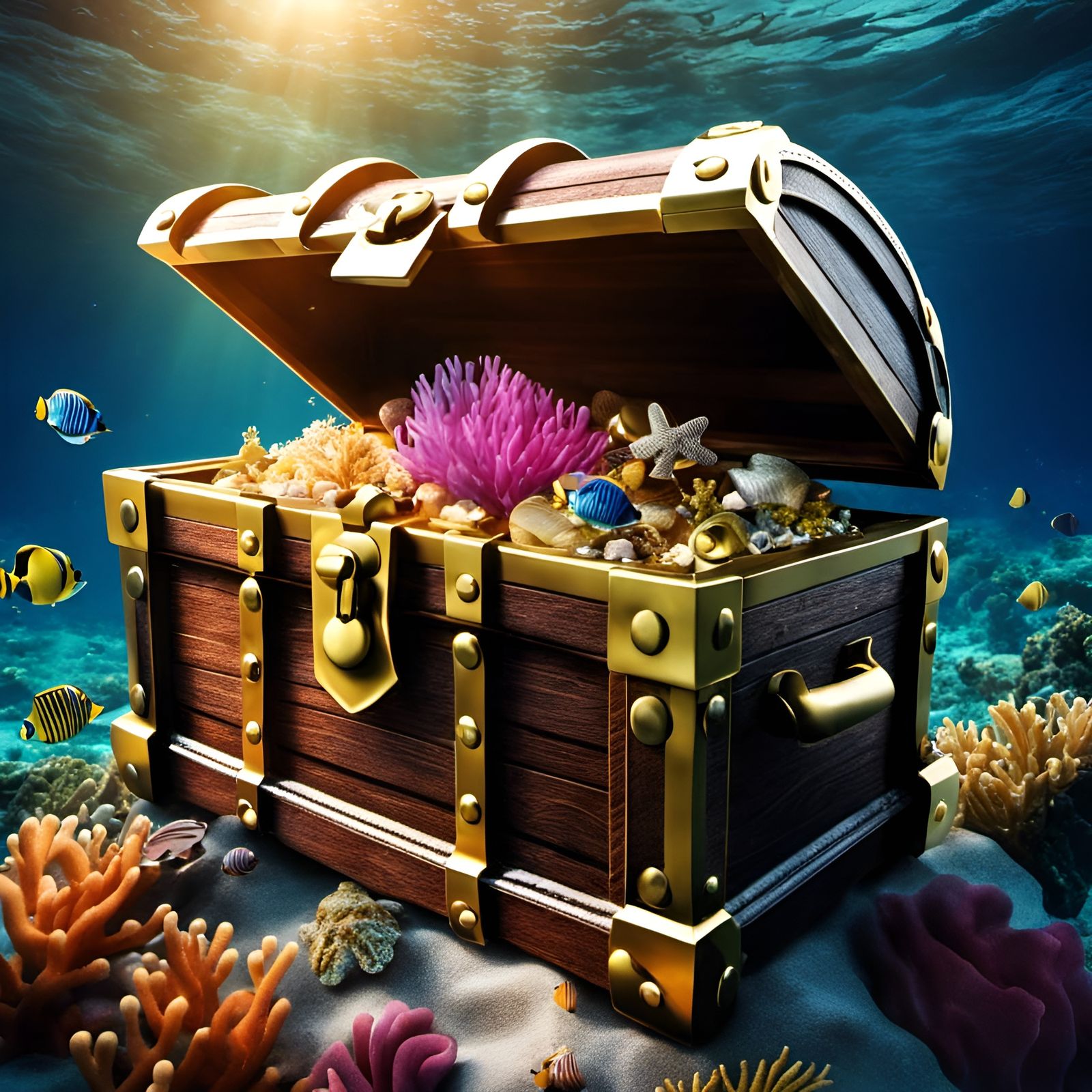 Underwater Treasure Chest with Vibrant Coral
