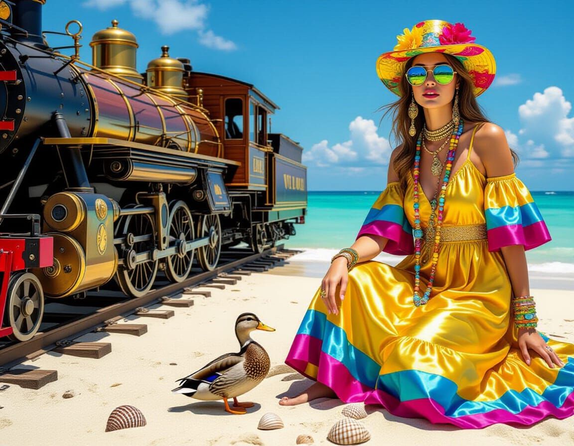 Steampunk Beach with Hippie in Colorful Dress