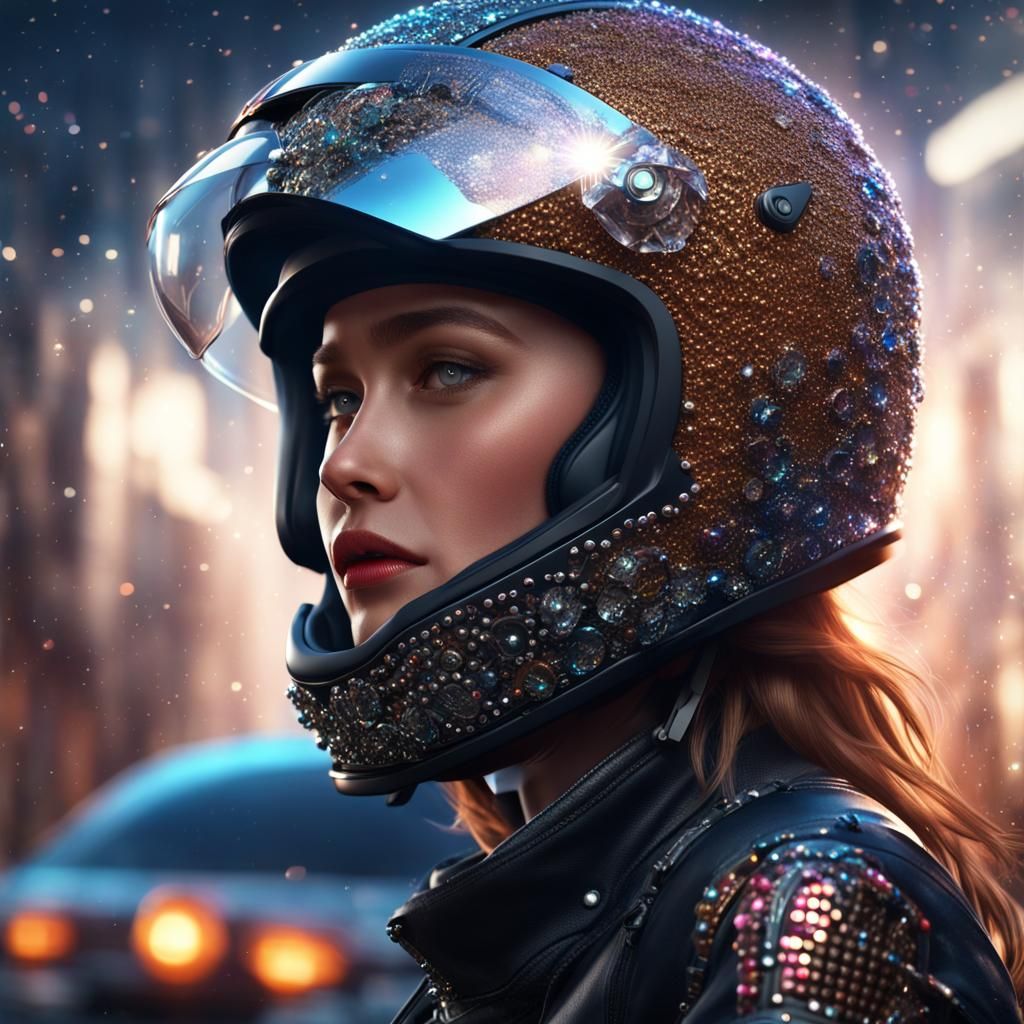Girl in Rhinestone Motorcycle Helmet: Photorealistic Close-u...
