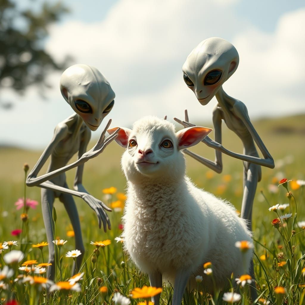 Grey Aliens Encounter a Bewildered Sheep in a Sunlit Meadow