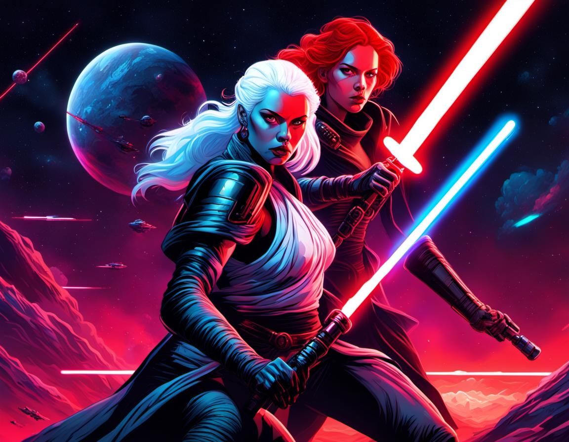 Yedi and Sith Girl with lightsabers
