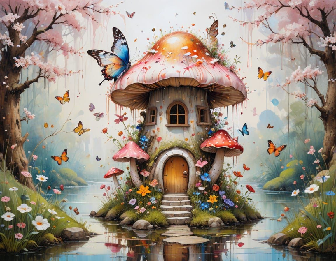 Fairy on Mushroom House with Butterflies and Wildflowers