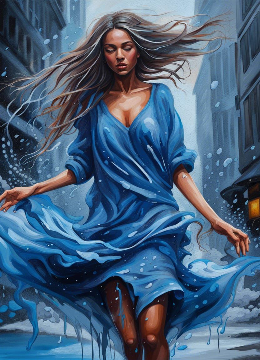 Girl Dancing in Rainfall: Blue Splash Art